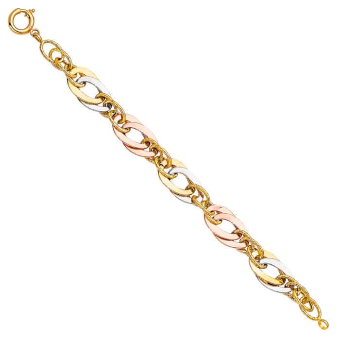 14K Tri Color Gold Fancy Hollow Bracelet - 7.5"