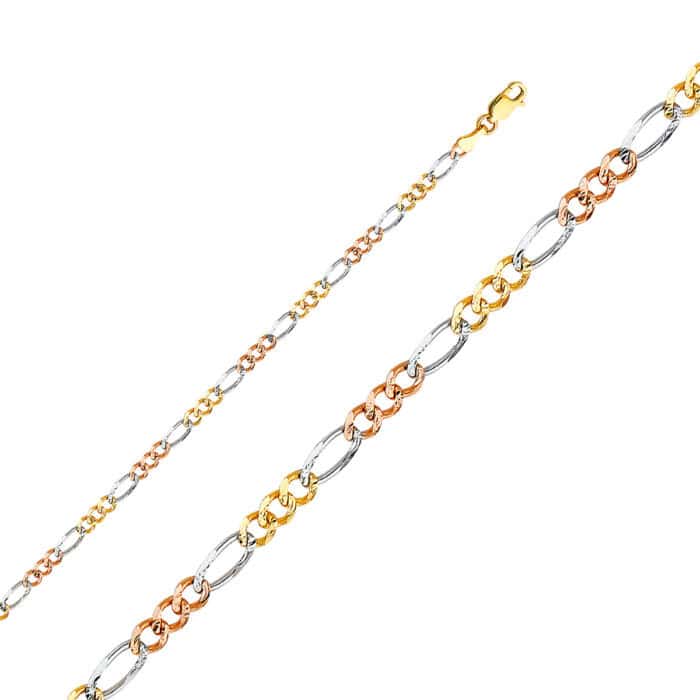 14K Tri Color Gold 3.7mm Figaro 3+1 Concave Chain