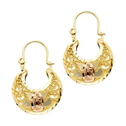 14K Tri Color Gold Our Lady of Guadalupe Basket Earrings
