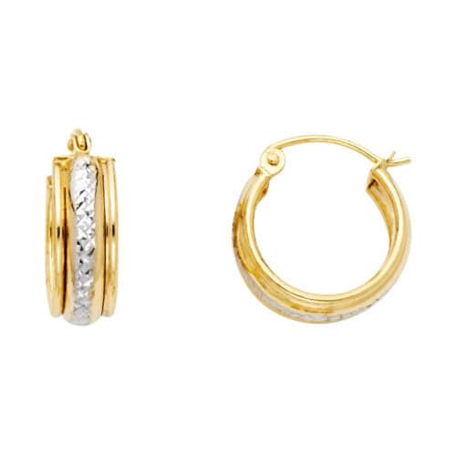 14K Two Tone Gold Diamond Cut Stamp Huggies Earringsrings