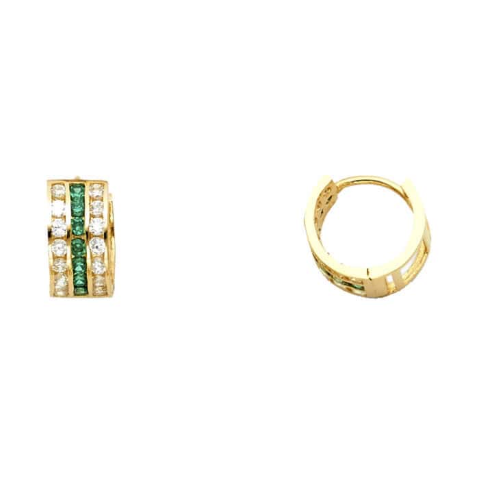 14K Yellow Gold Green & White Cubic Zirconia Huggies Earrings