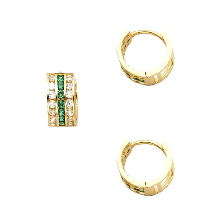 14K Yellow Gold Green & White Cubic Zirconia Huggies Earrings - Image 3