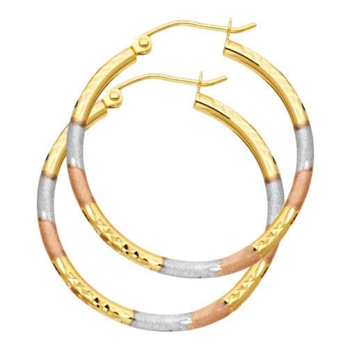 14K Tri Color Gold 2mm Tube Diamond Cut Hoop Earrings