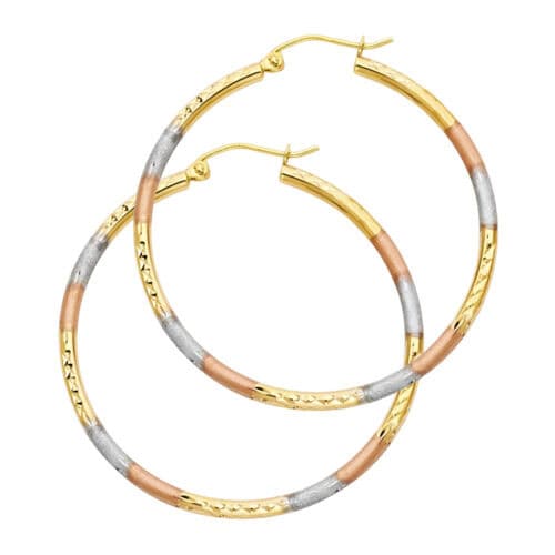 14K Tri Color Gold 2mm Tube Diamond Cut Hoop Earrings