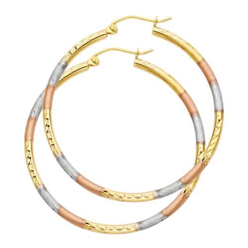 14K Tri Color Gold 2mm Tube Diamond Cut Hoop Earrings