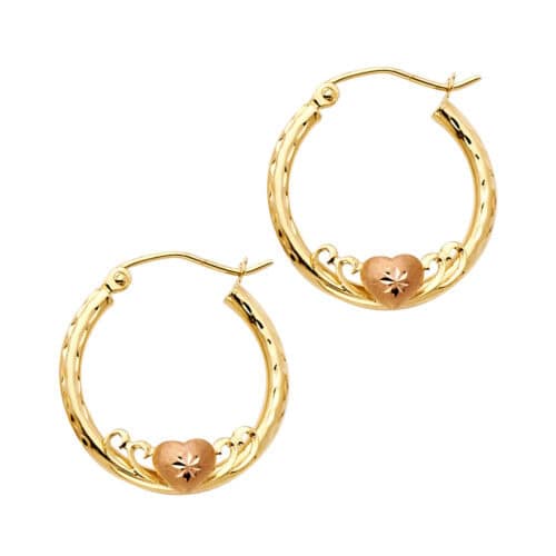14K Yellow Gold 2mm Diamond Cut Hoop Earrings with Heart