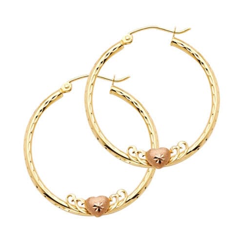 14K Yellow Gold 2mm Diamond Cut Hoop Earrings with Heart