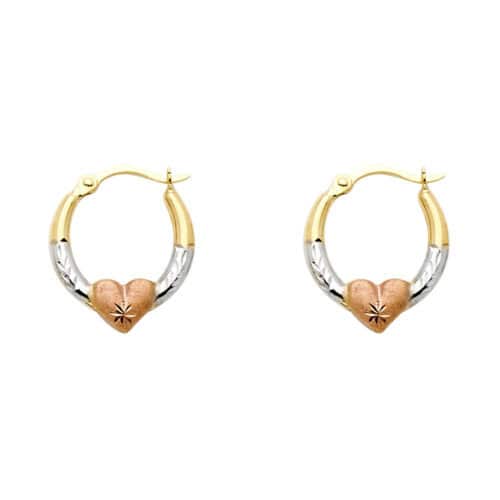 14K Tri Color Gold 2mm Diamond Cut Shape Hoop Earrings with Heart