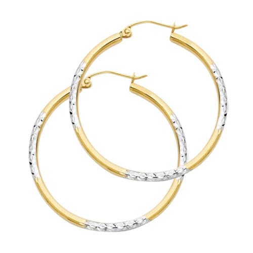 14K Two Tone Gold Diamond Cut Hoop Earrings
