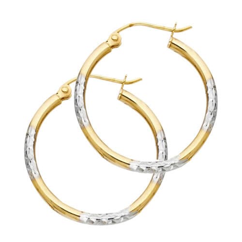 14K Two Tone Gold Diamond Cut Hoop Earrings