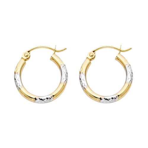 14K Two Tone Gold Diamond Cut Hoop Earrings
