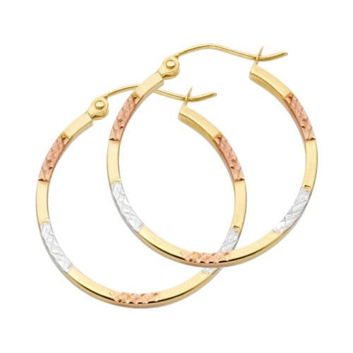 14K Tri Color Gold Diamond Cut Square Hoop Earrings