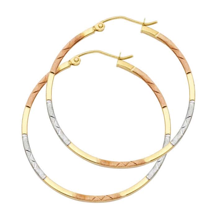 14K Tri Color Gold Diamond Cut Square Hoop Earrings