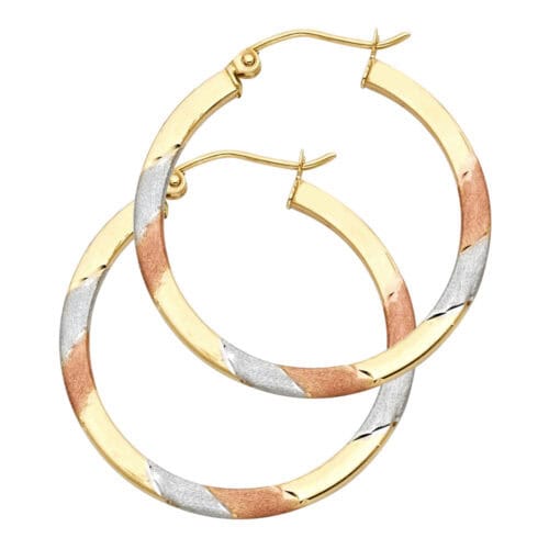 14K Tri Color Gold Diamond Cut Hoop Earrings