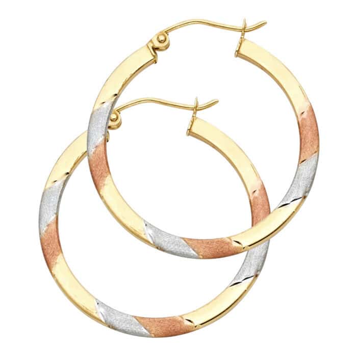 14K Tri Color Gold Diamond Cut Hoop Earrings