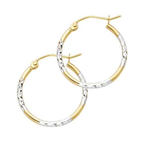 14K Two Tone Gold Diamond Cut Hoop Earrings
