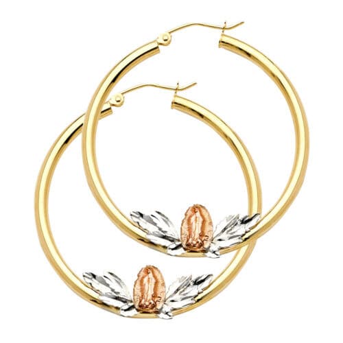 14K Tri Color Gold Our Lady of Guadalupe Hoop Earrings