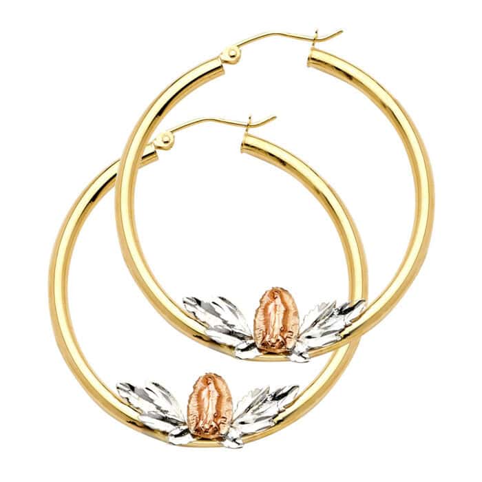 14K Tri Color Gold Our Lady of Guadalupe Hoop Earrings