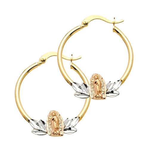 14K Tri Color Gold Our Lady of Guadalupe Hoop Earrings