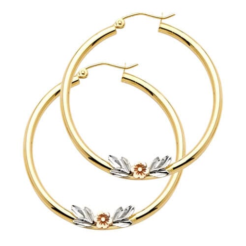 14K Tri Color Gold Flower Hoop Earrings