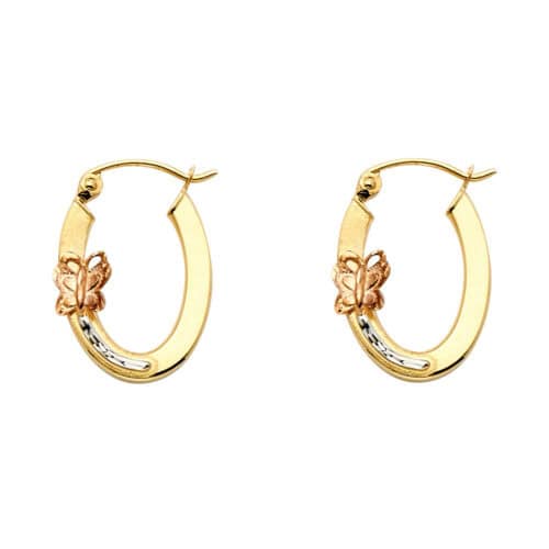 14K Tri Color Gold Butterfly Oval Hoop Earrings
