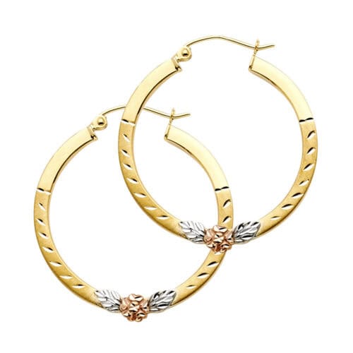 14K Tri Color Gold Flower Square Hoop Earrings