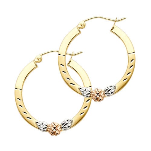 14K Tri Color Gold Flower Square Hoop Earrings