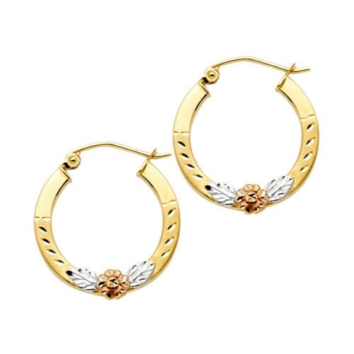 14K Tri Color Gold Flower Square Hoop Earrings