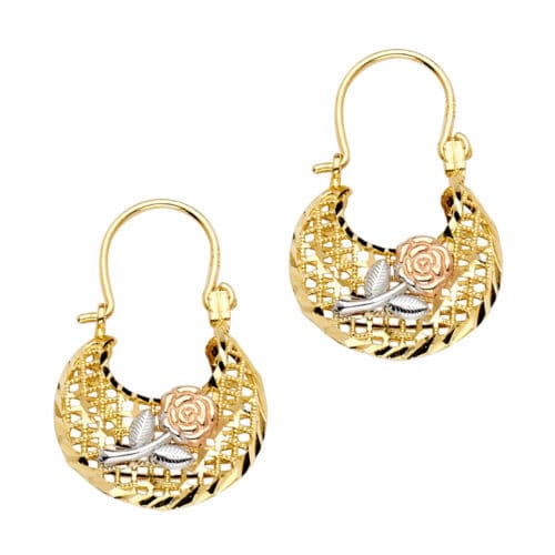 14K Tri Color Gold Flower Basket Earrings
