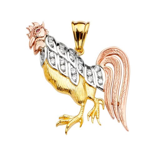 14K Tri Color Gold Cubic Zirconia Rooster Pendant