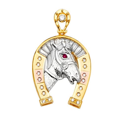14K Tri Color Gold Cubic Zirconia Horse Shoe Pendant