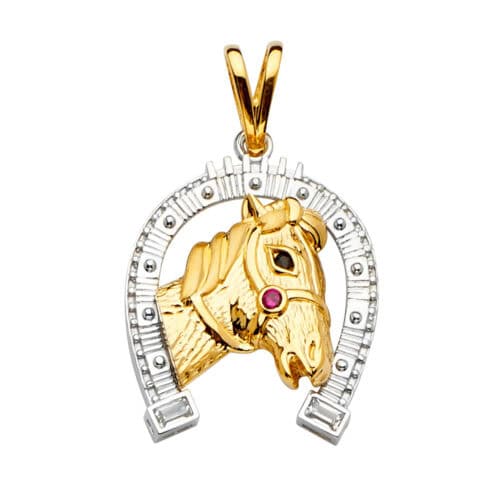 14K Tri Color Gold Cubic Zirconia Horse Shoe Pendant