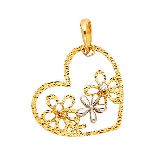 14K Two Tone Gold Cubic Zirconia Flower Heart Pendant