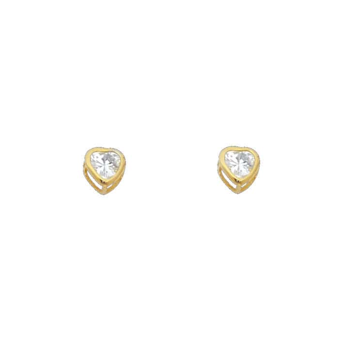 14K Yellow Gold 4mm Cubic Zirconia Heart Bezel Stud Earrings w/Screw(APR) - Image 2