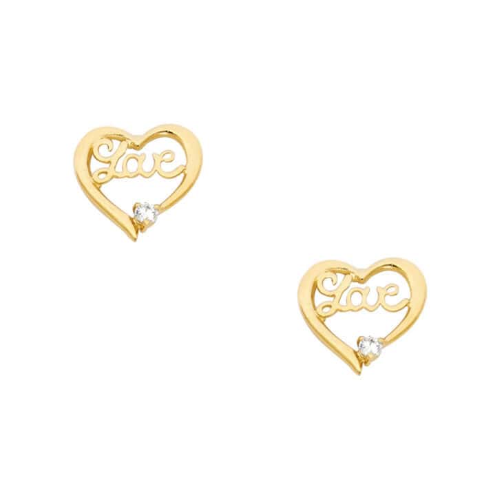 14K Yellow Gold LOVE Heart Cubic Zirconia Stud Earrings w/Screw - Image 2