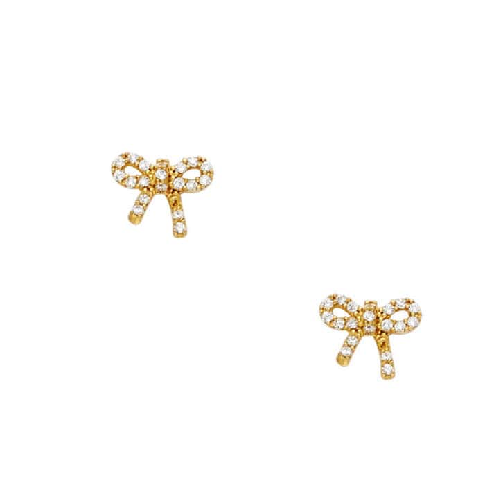 14K Yellow Gold Ribbon Cubic Zirconia Stud Earrings w/Screw - Image 2