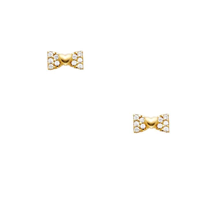14K Yellow Gold Ribbon Cubic Zirconia Stud Earrings w/Screw - Image 2