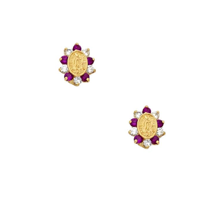 14K Yellow Gold Red Cubic Zirconia Guadalupe Stud Earrings w/Screw - Image 2