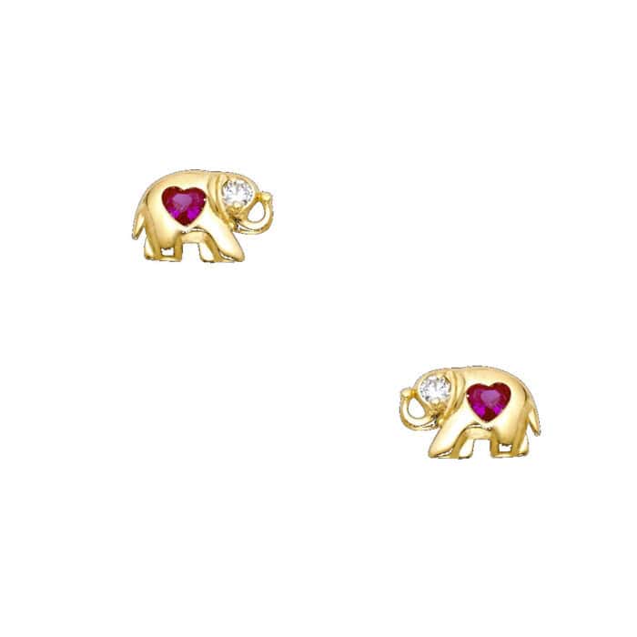 14K Yellow Gold Elephant Red Cubic Zirconia Stud Earrings w/Screw - Image 2