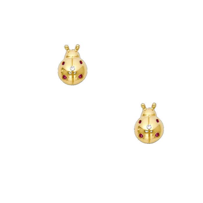 14K Yellow Gold Lady Bug Cubic Zirconia Stud Earrings w/Screw - Image 2