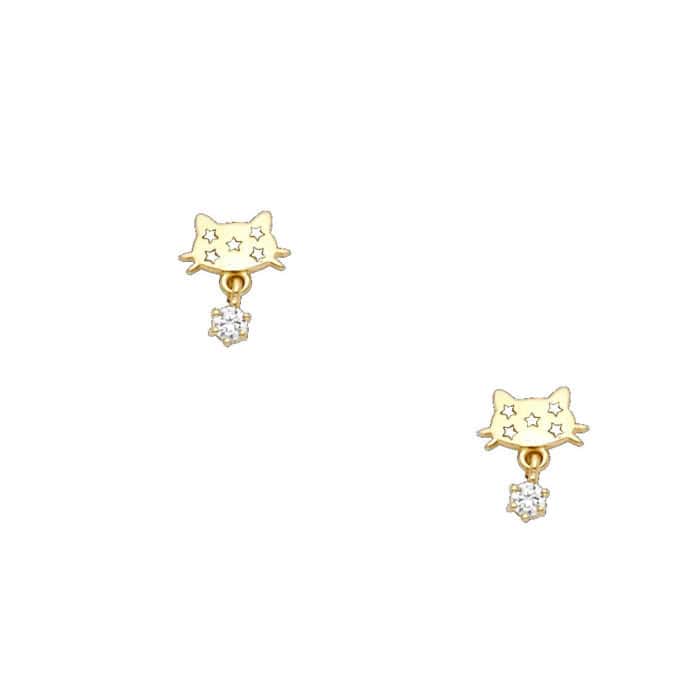 14K Yellow Gold Cat Cubic Zirconia Stud Earrings w/Screw - Image 2