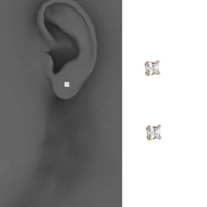 14K Yellow Gold 3mm SQ Basket Stud Earrings w/Screw - Image 2