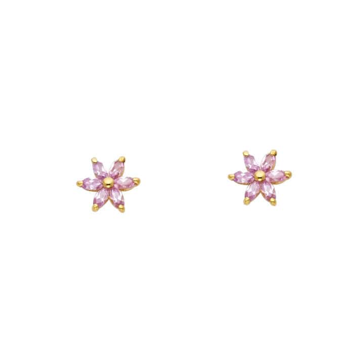 14K Yellow Gold Pink Flower Stud Earrings w/Screw - Image 2