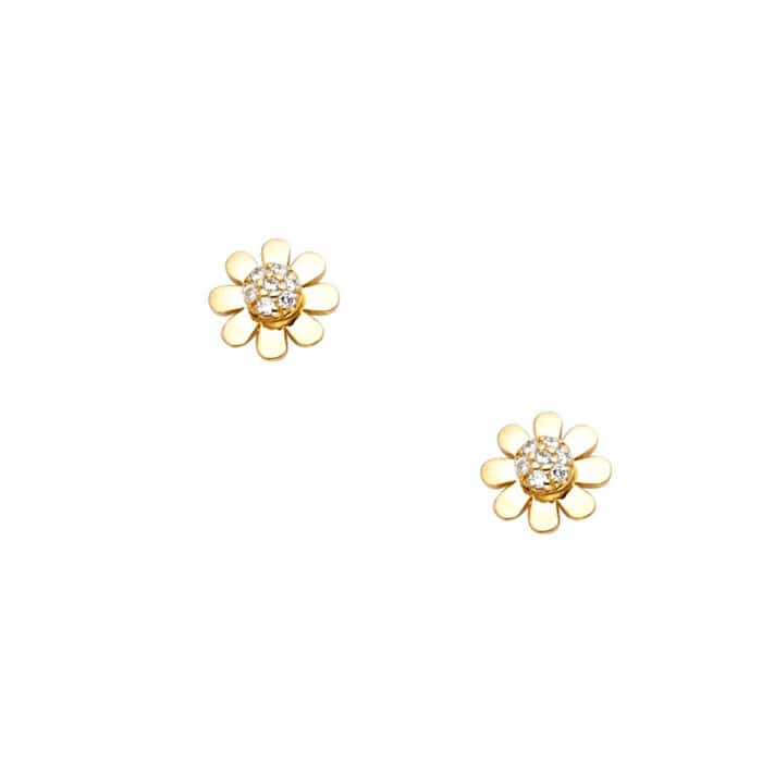 14K Yellow Gold Sun Flower Cubic Zirconia Stud Earrings w/Screw - Image 2