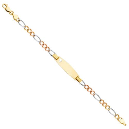 14K Tri Color Gold Figaro 3+1 Oval Baby ID Bracelet - 6"