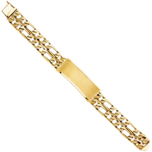 14K Yellow Gold 2L Nugget Figaro Link ID Bracelet - 8.5"