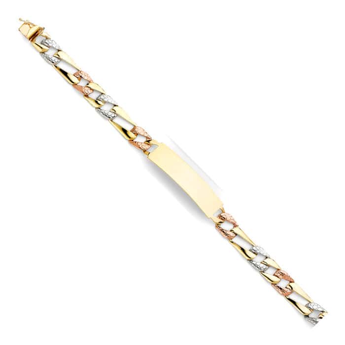 14K Tri Color Gold Stamp Figaro Link ID Bracelet - 8"