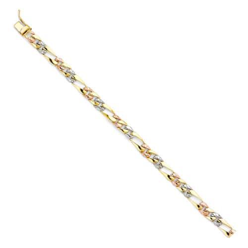 14K Tri Color Gold Stamp Nugget Figaro Link Bracelet - 7"
