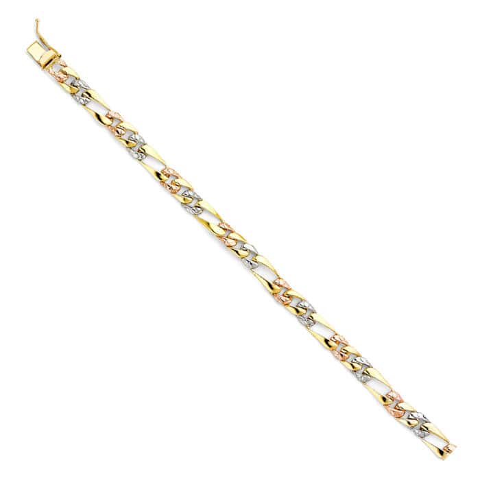 14K Tri Color Gold Stamp Nugget Figaro Link Bracelet - 7"