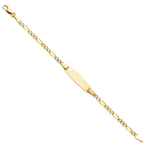 14K Two Tone Gold Figaro 3+1 WP Baby Oval ID with Heart Bracelet - 6"